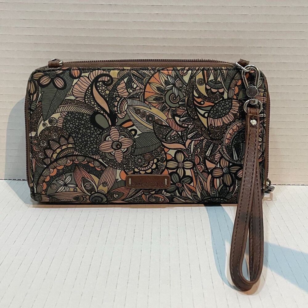Sakroots Artist Circle Crossbody Boho Floral Wristlet Wallet Satchel Green Brown